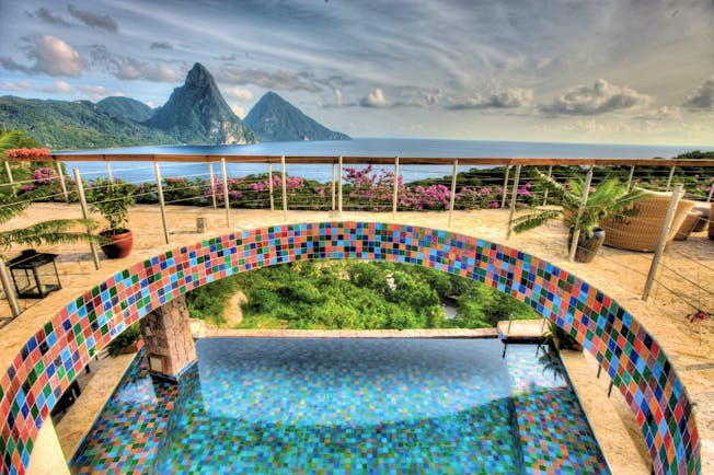 Jade Mountain St Lucia infinity pool taken from balcony above views of the ocean