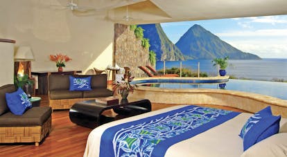Jade Mountain St Lucia moon bedroom missing fourth wall infinity pool overlooking Caribbean sea and Pitons