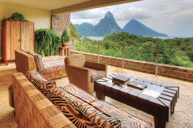 Jade Mountain St Lucia sky lounge indoor seating area with views of Caribbean sea and Pitons