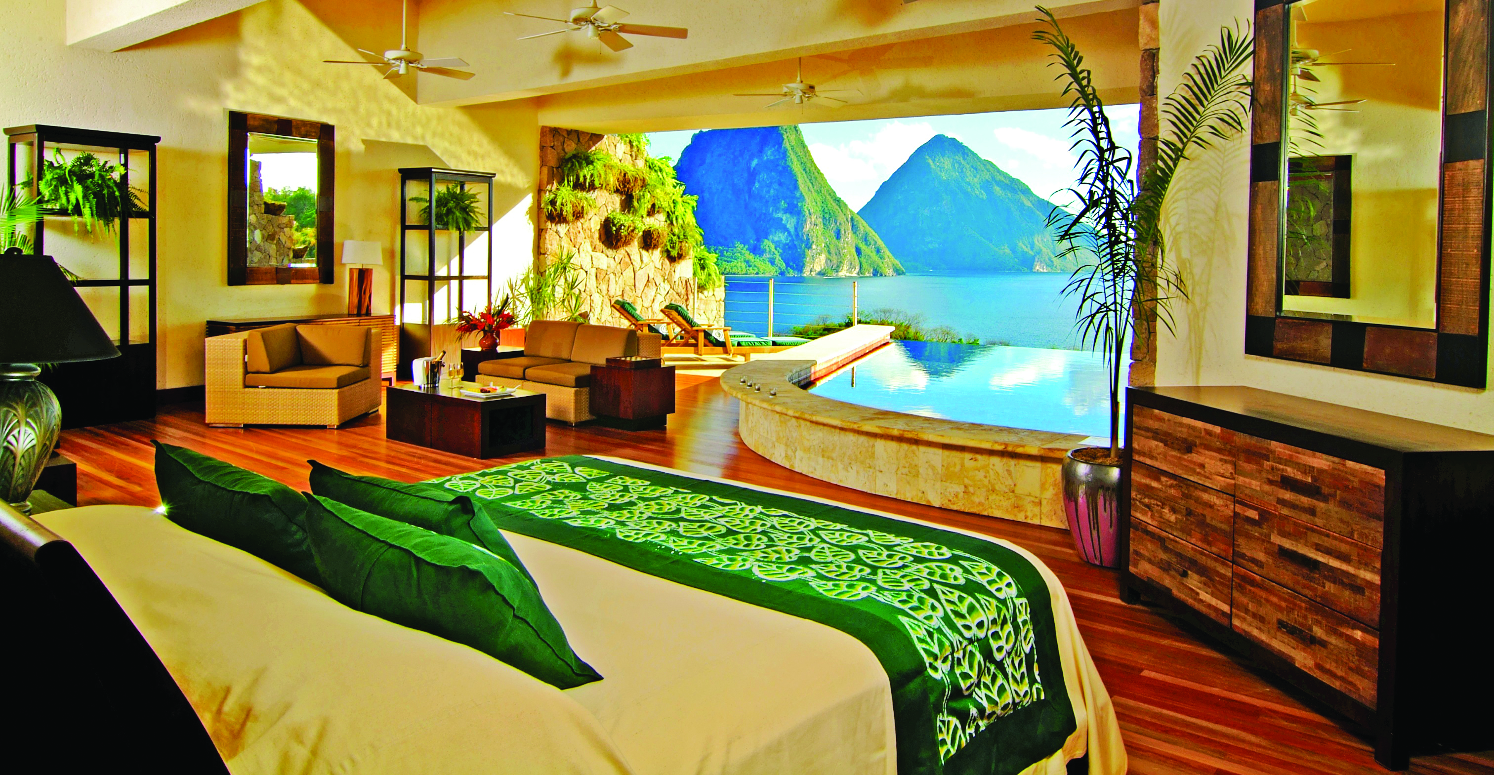 Jade Mountain St Lucia star bedroom missing fourth wall infinity pool overlooking Caribbean sea and Pitons