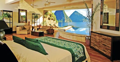 Jade Mountain St Lucia star bedroom missing fourth wall infinity pool overlooking Caribbean sea and Pitons