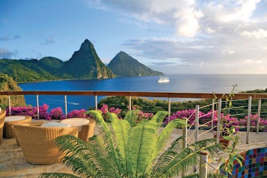 Jade Mountain St Lucia terrace with outdoor seating area overlooking the Caribbean sea and the Pitons