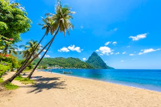 Paradise Beach in Soufriere Bay in Saint Lucia, Piton in the background