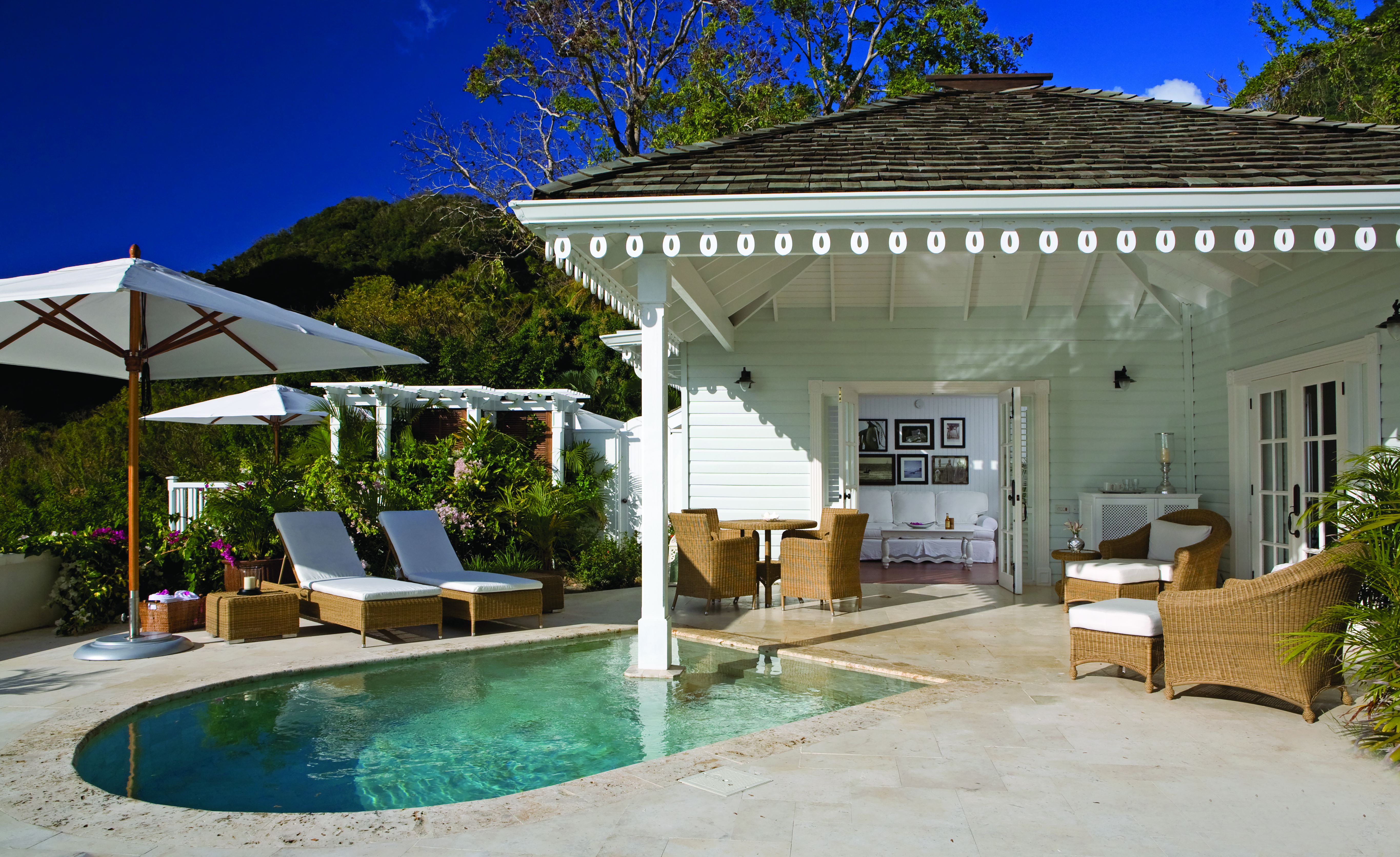 Sugarbeach St Lucia luxury villa exterior sun loungers private terrace and plunge pool 