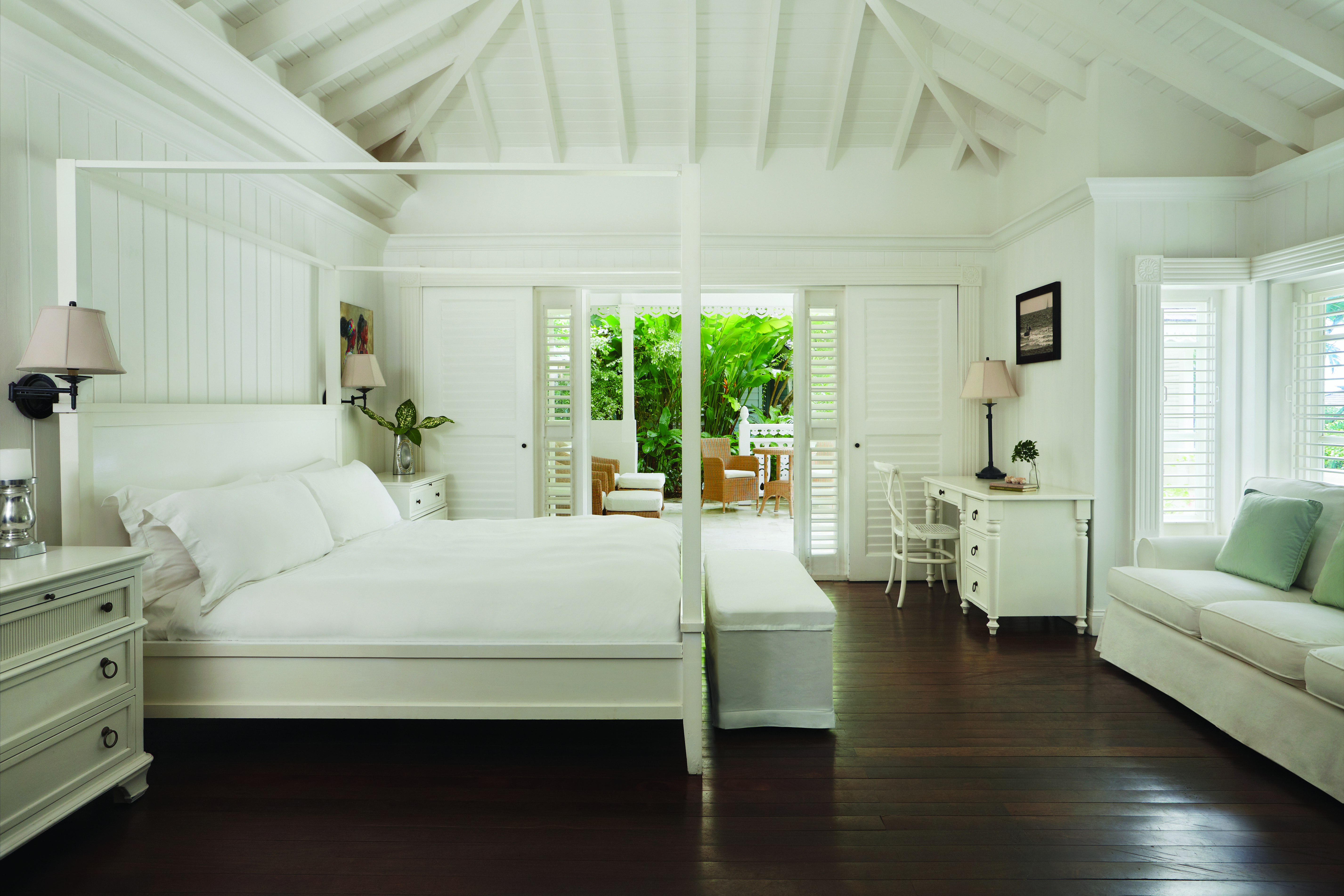 Sugarbeach St Lucia villa interior bed and bedroom furniture sofa and outdoor seating area