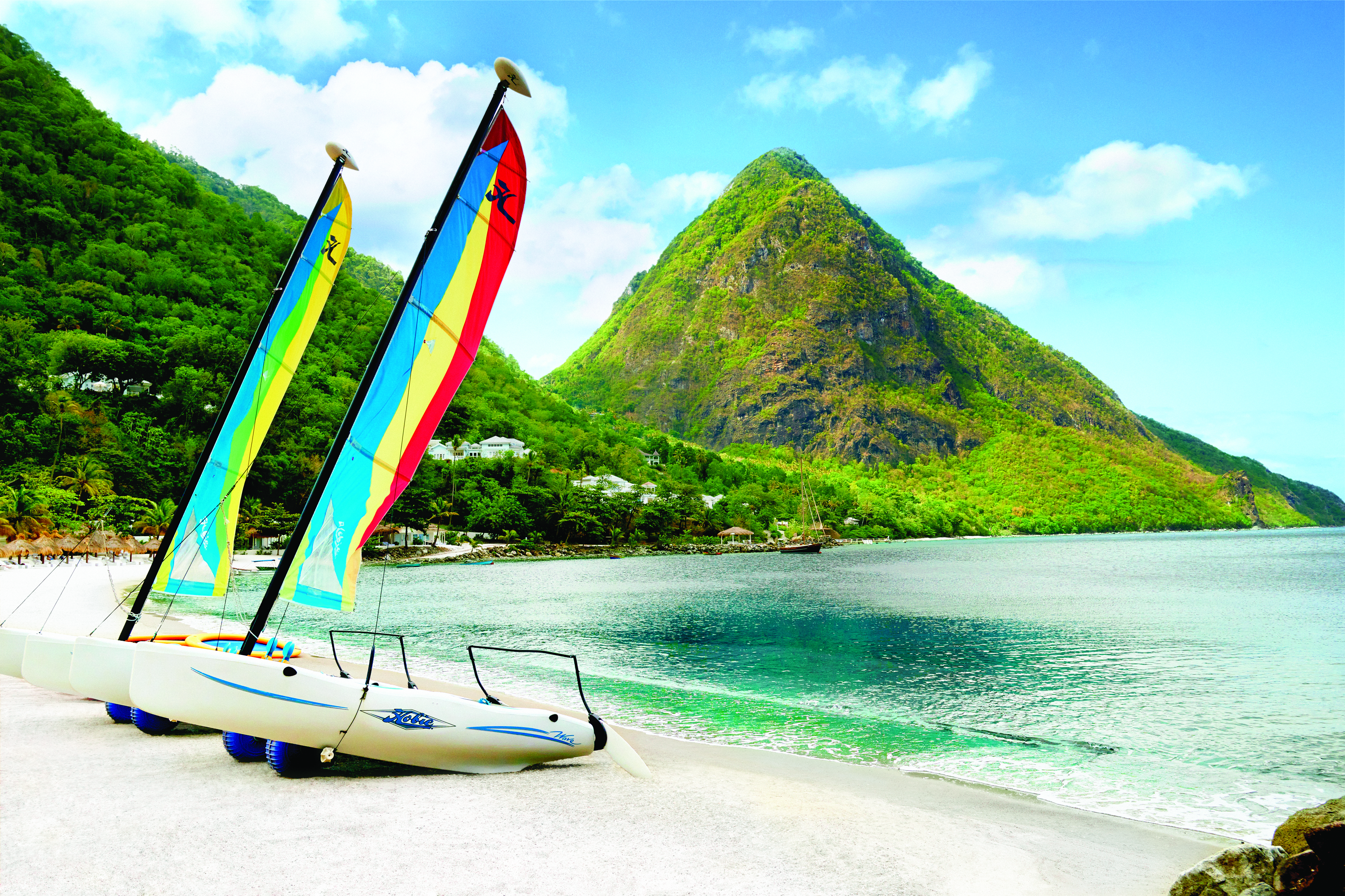 Sugarbeach St Lucia water sports hobiecats on beach 