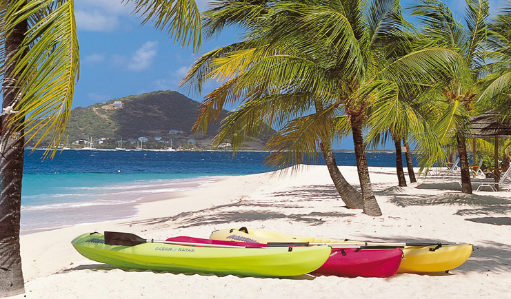 Palm Island St Vincent and the Grenadines kayaks on the beach ocean palm trees