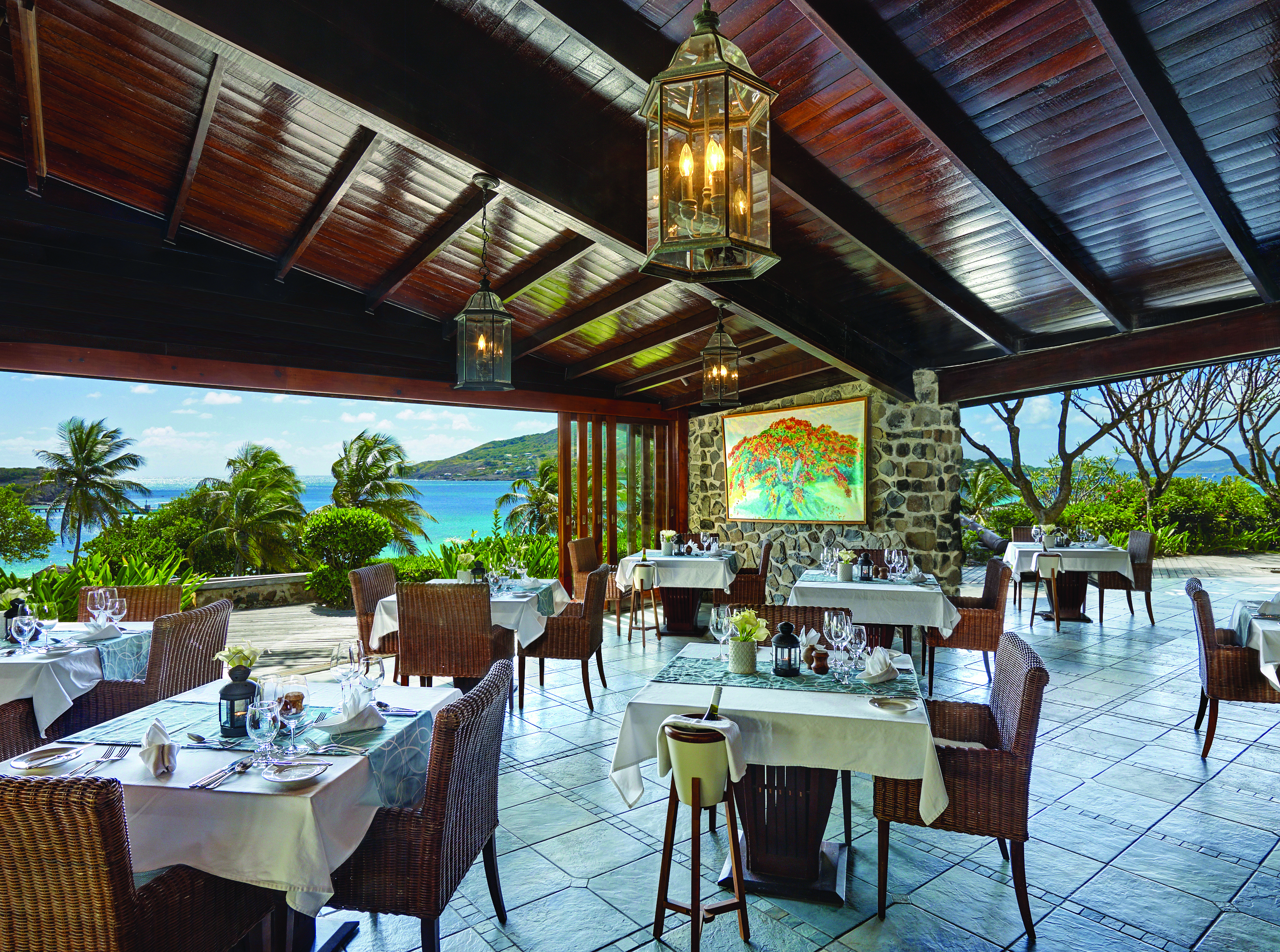 Petit St Vincent restaurant indoor dining views of the ocean
