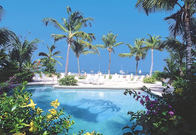 Coco Reef Tobago pool sun loungers palm trees view of ocean