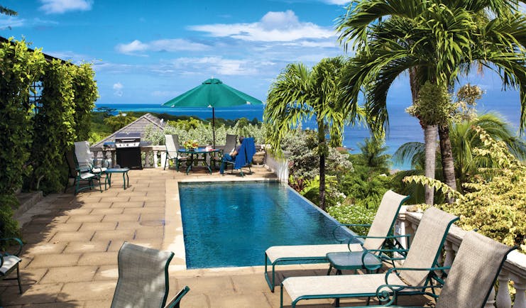 The Villas at Stonehaven Tobago villa infinity pool sun loungers ocean views palm trees