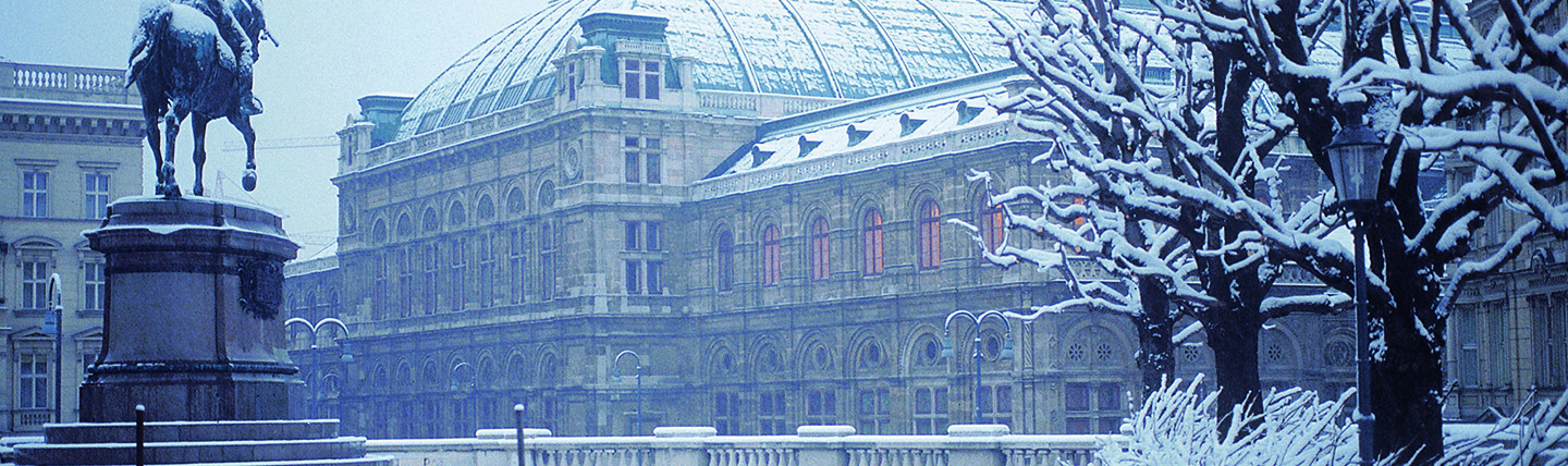 Wintry scene outside palace with statue in Vienna