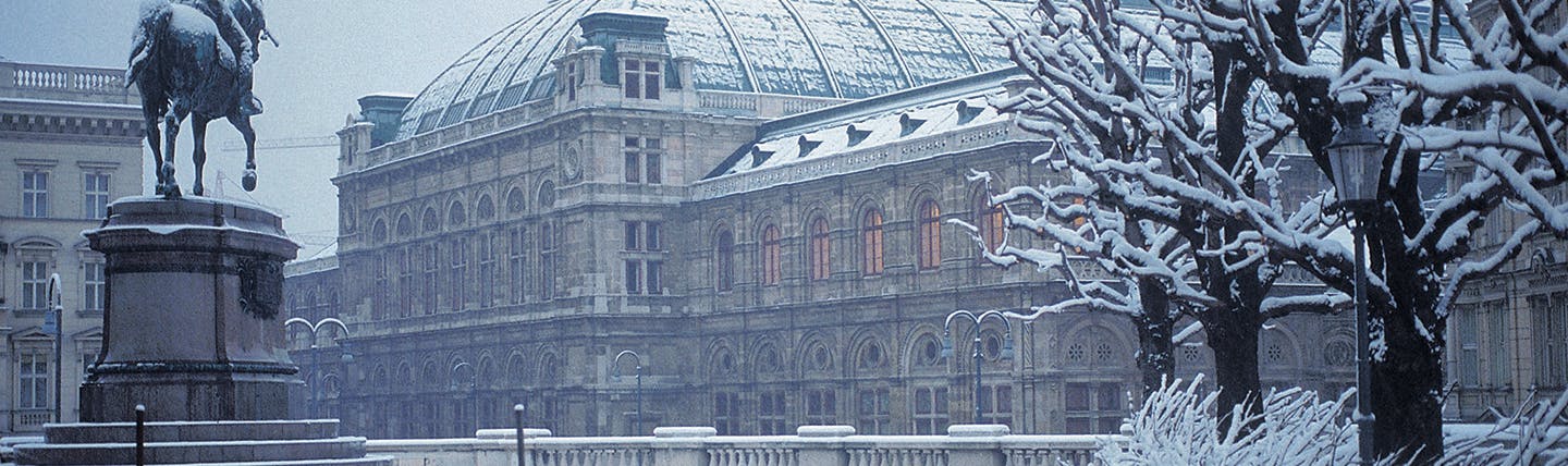 Wintry scene outside palace with statue in Vienna
