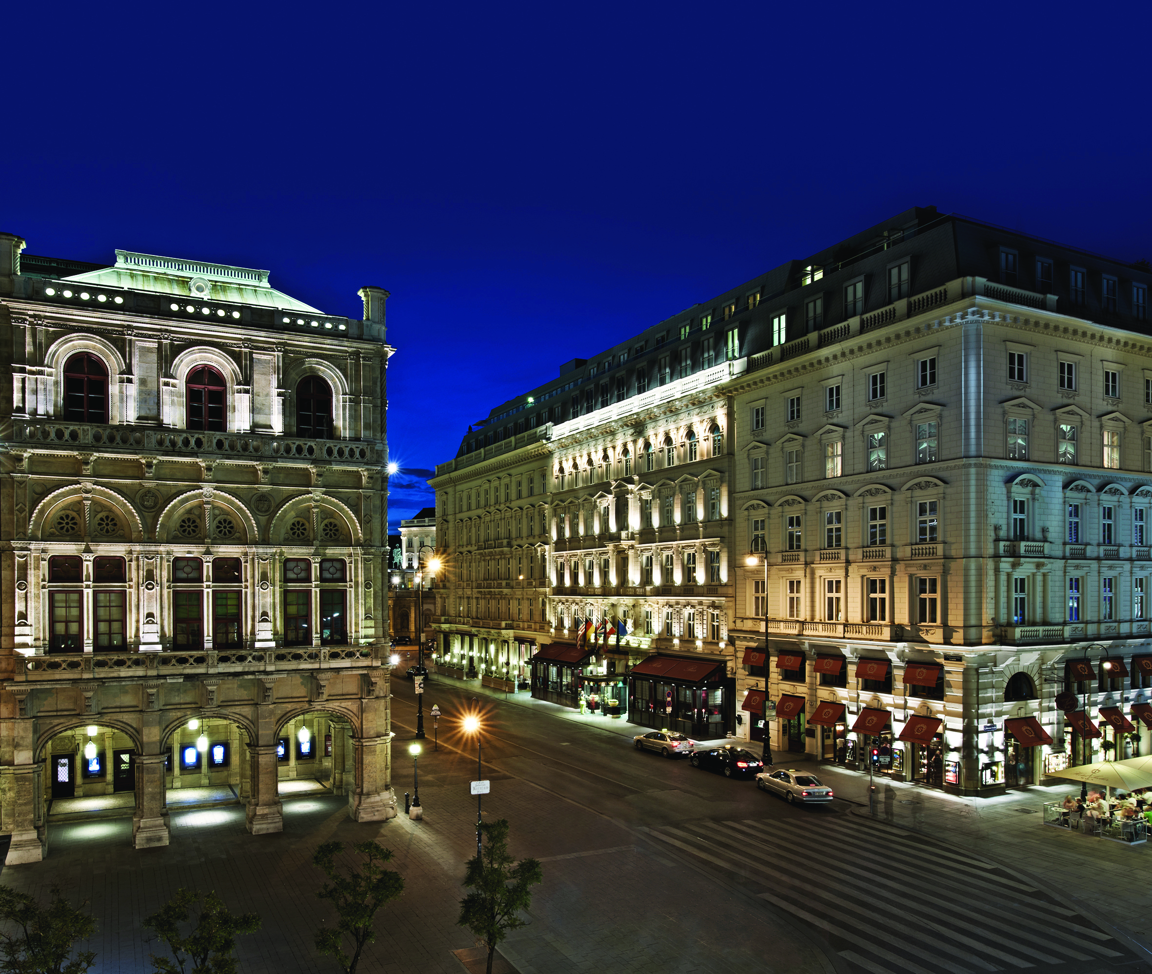 Hotel Sacher Vienna exterior night large building at night time on a city street