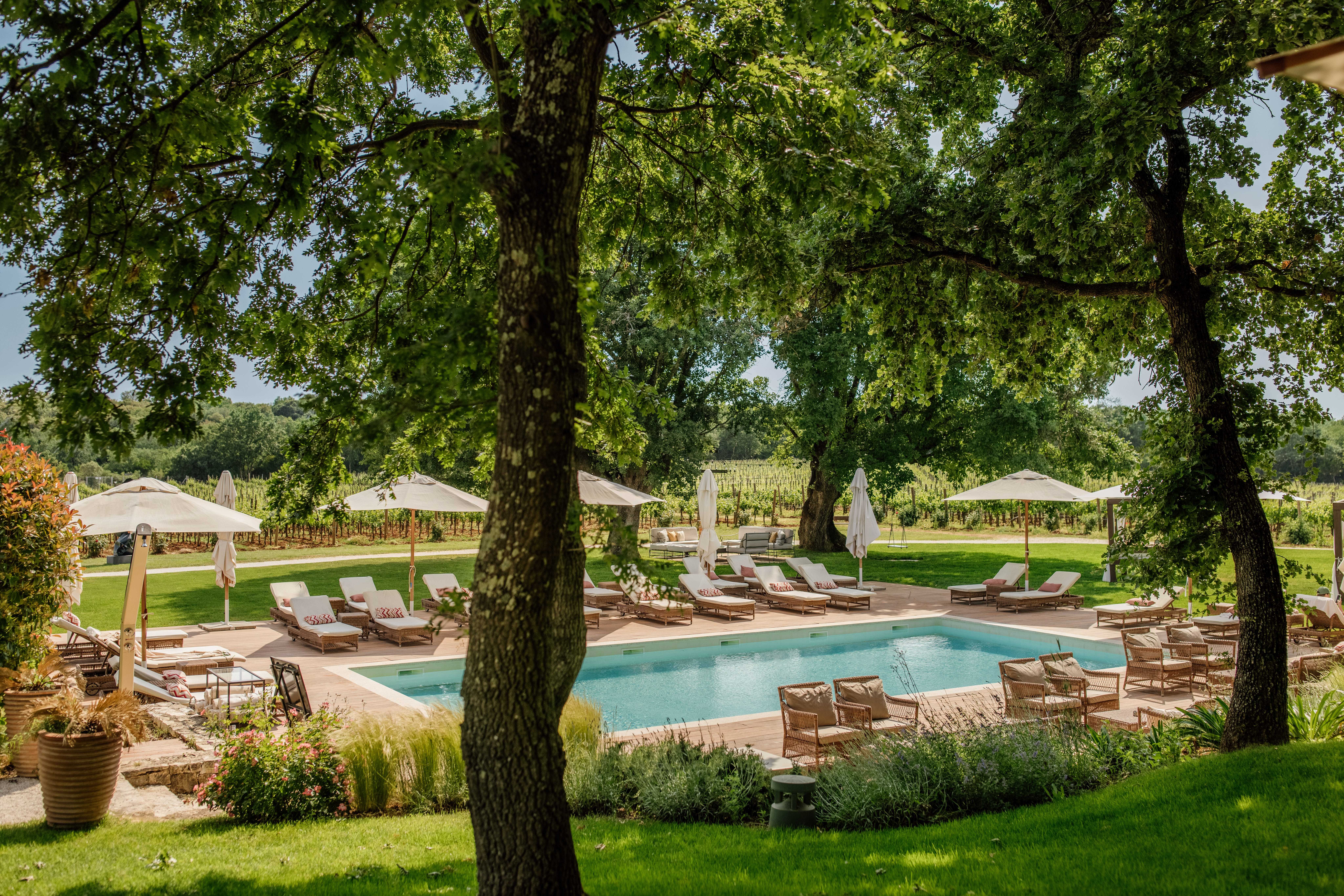 Meneghetti Wine Hotel outdoor pool, under shady trees, with grass, shrubs, and sun loungers on every side