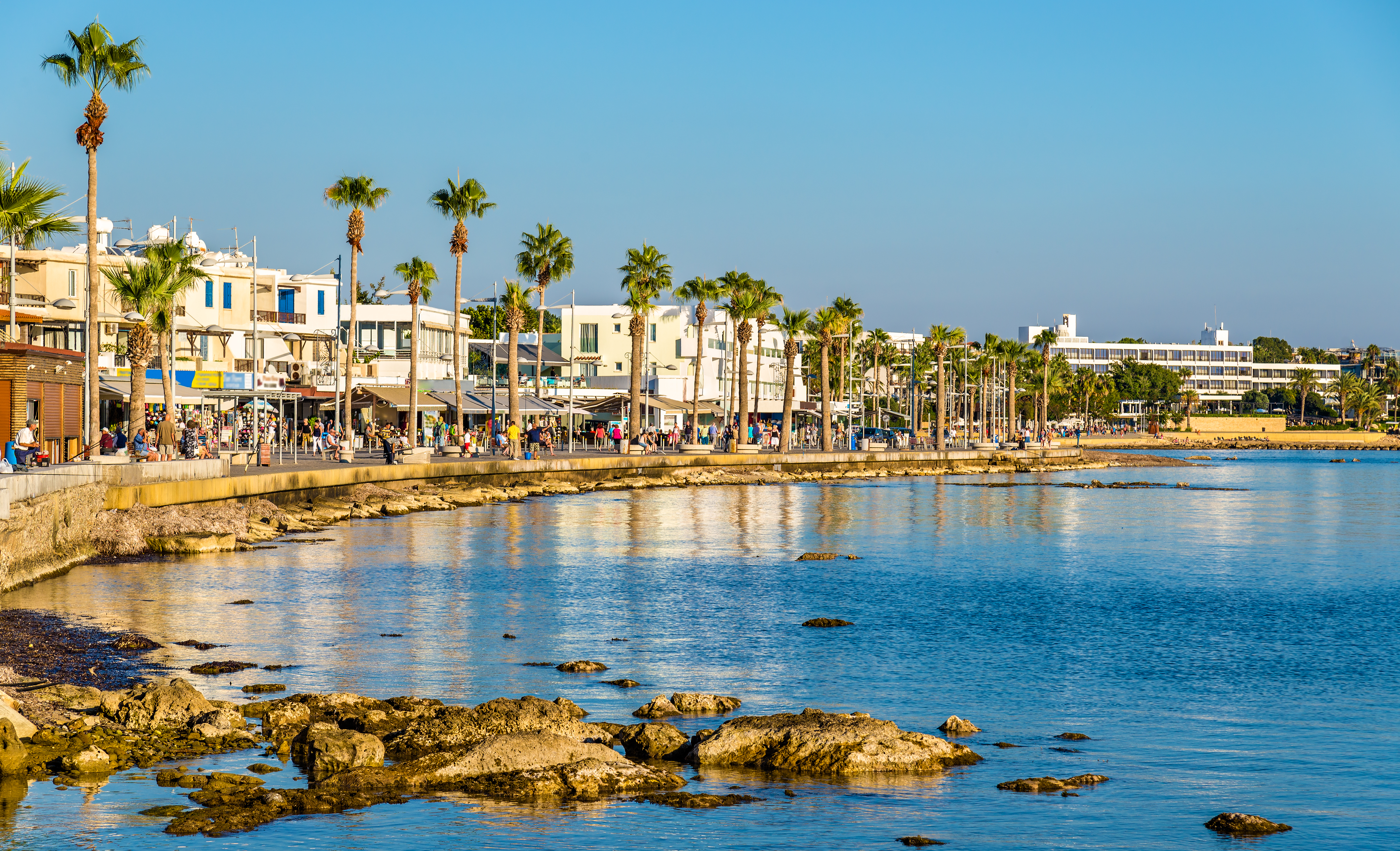 Paphos harbour in Cyprus, sea, beach , palm trees