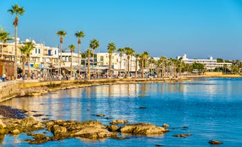 Paphos harbour in Cyprus, sea, beach , palm trees