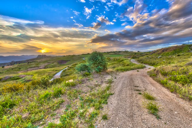 Rural road in Cyprus, scrubland, beautiful sky, vegetation