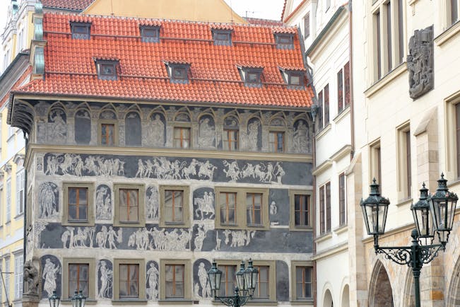 Prague old building with murals