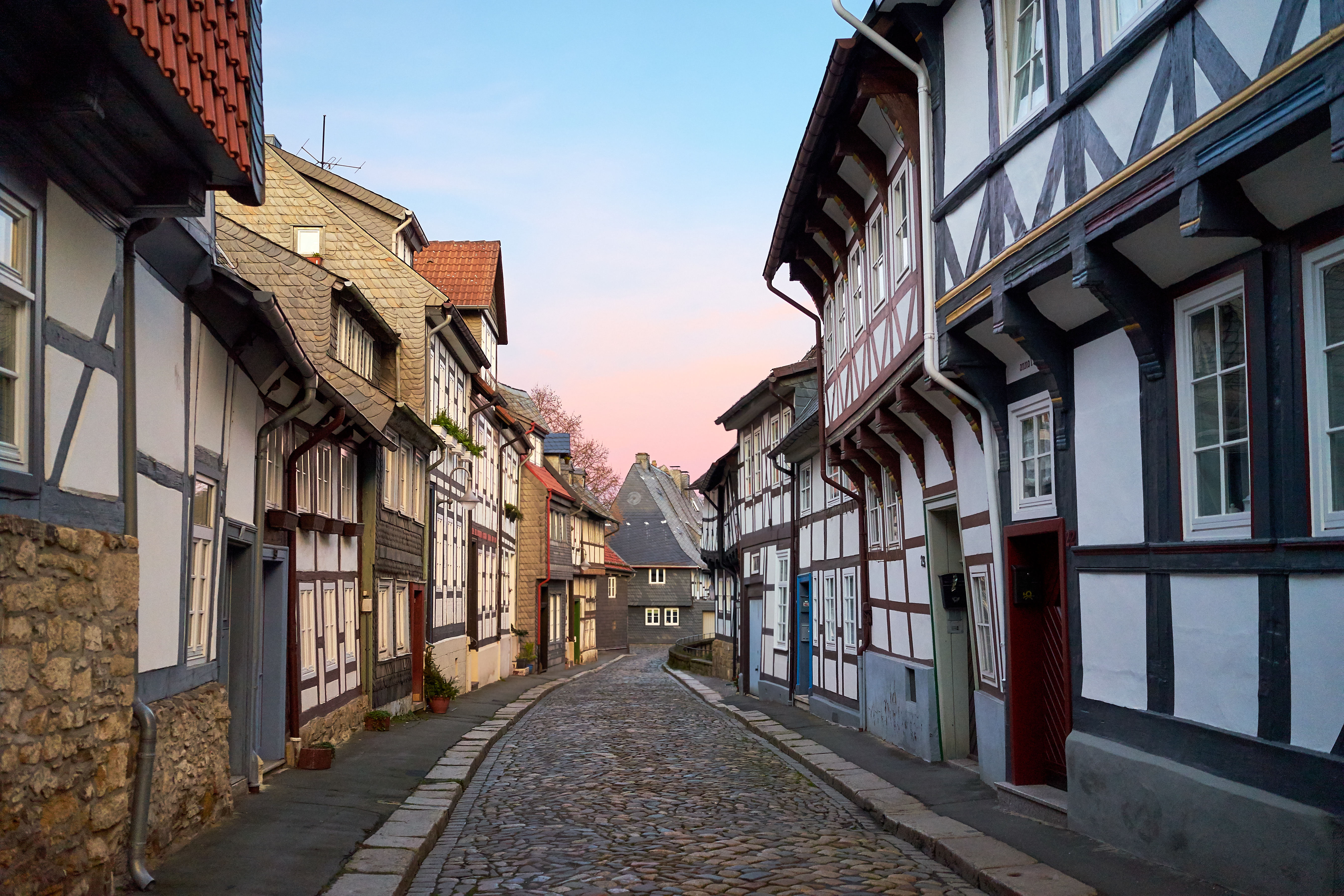 Narrow street of black and white timbered houses in Goslar