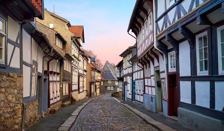 Narrow street of black and white timbered houses in Goslar