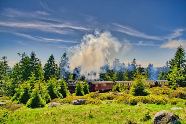 Steam train through countryside in Harz mountains