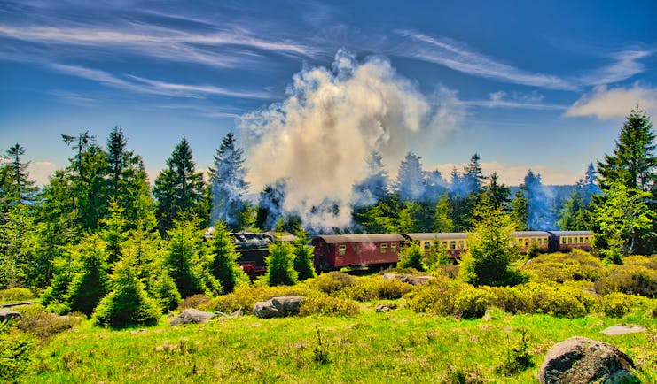 Steam train through countryside in Harz mountains
