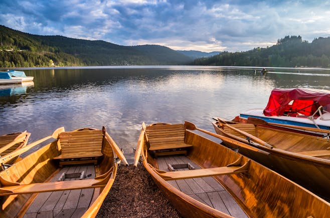 Rowing boats moored at Lake Titisee Black Forest