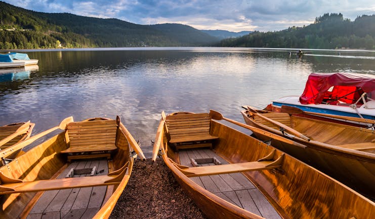 Rowing boats moored at Lake Titisee Black Forest