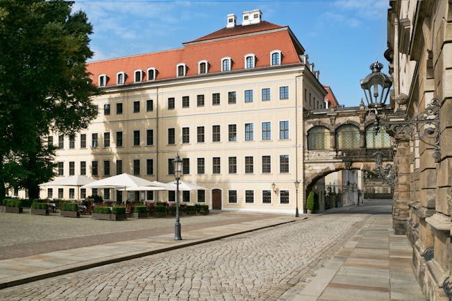 Taschenbergpalais bistro terrace, outdoor dining area in main square, infront of hotel bulding