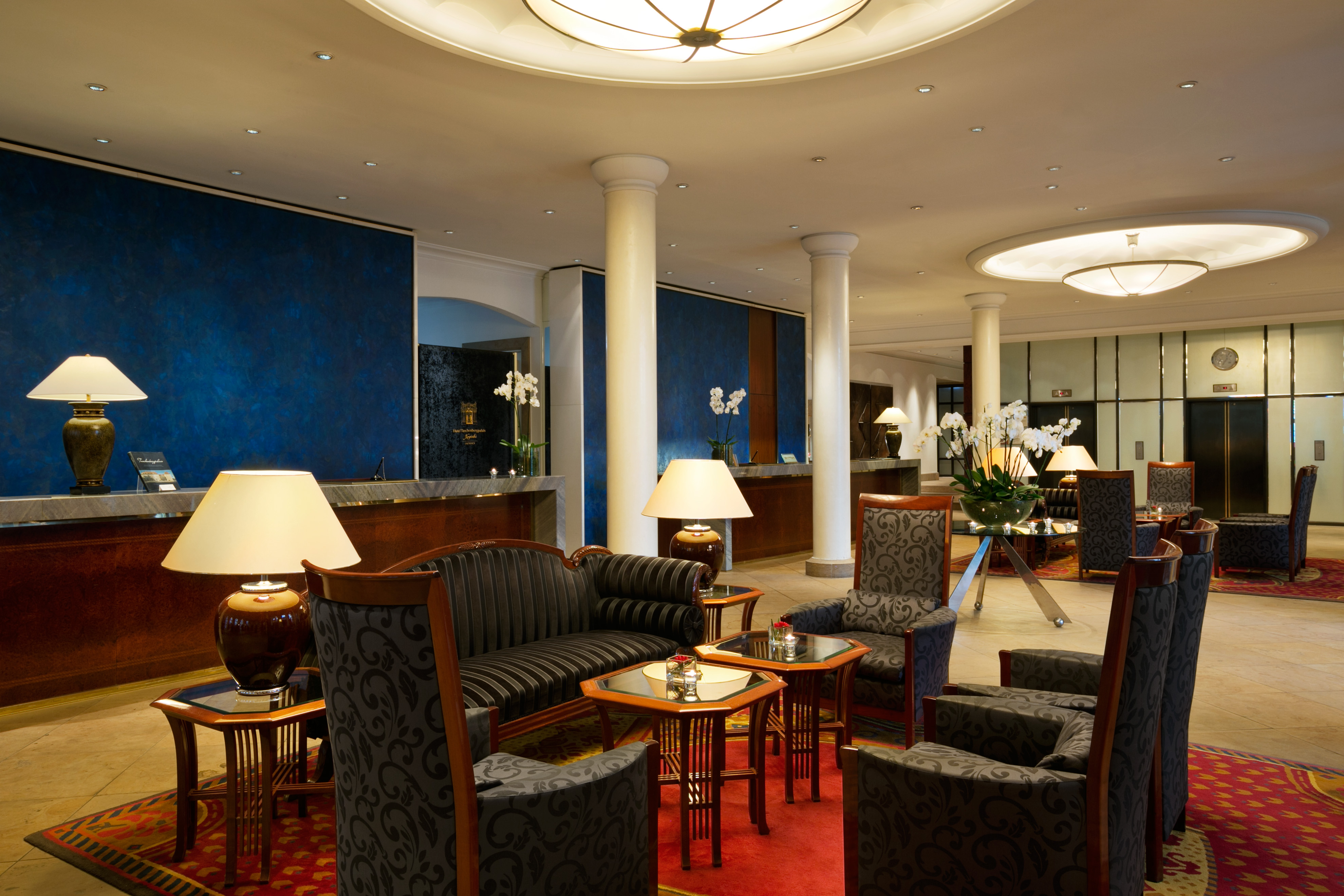 Taschenbergpalais lobby and reception area, sofas and chairs, colourful and elegant decor