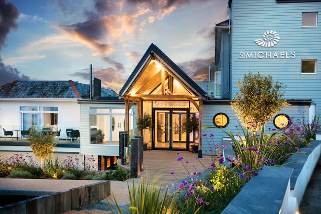 St Michael's Resort entrance with lights and blue boarding on wall