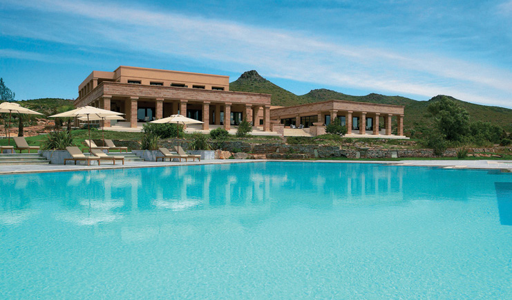 Cape Sounio Greece exterior shot ancient Greek style building outdoor pool