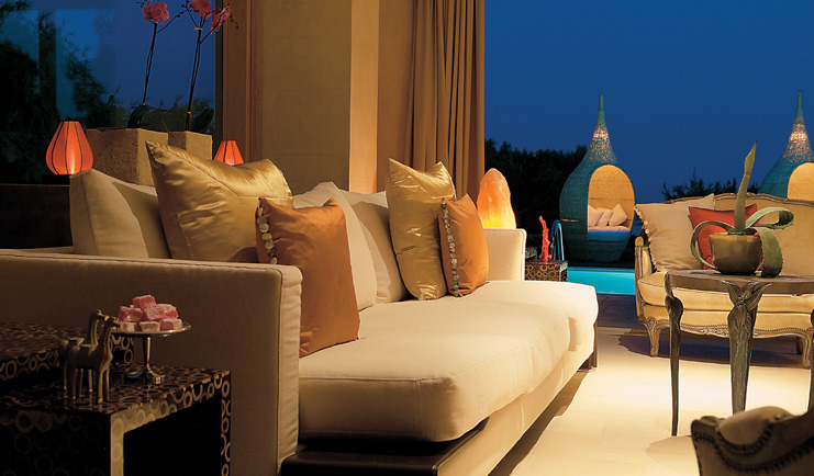 Cape Sounio Greece lounge sofas platter of Turkish delight salt lamp