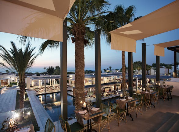 Evening shot of restaurant with palms overlooking the pool