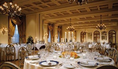 Hotel Grande Bretagne Greece dining room opulent decor chandeliers candelabras