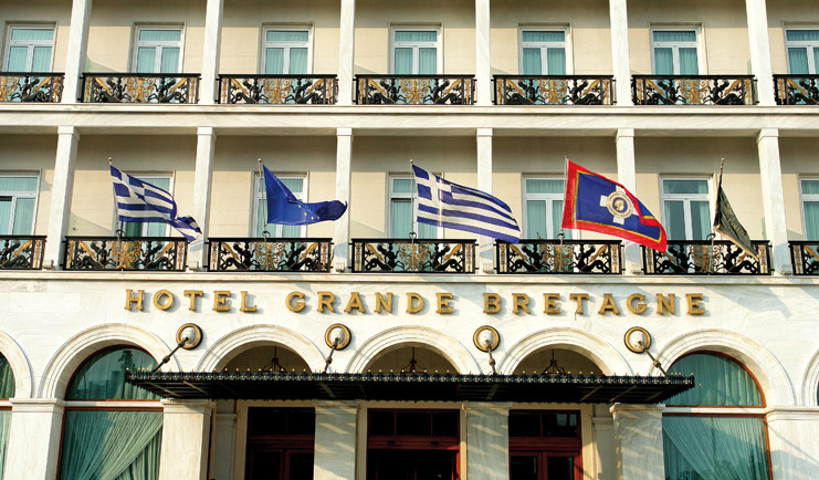 Hotel Grande Bretagne Greece exterior signage Greek flags balconies