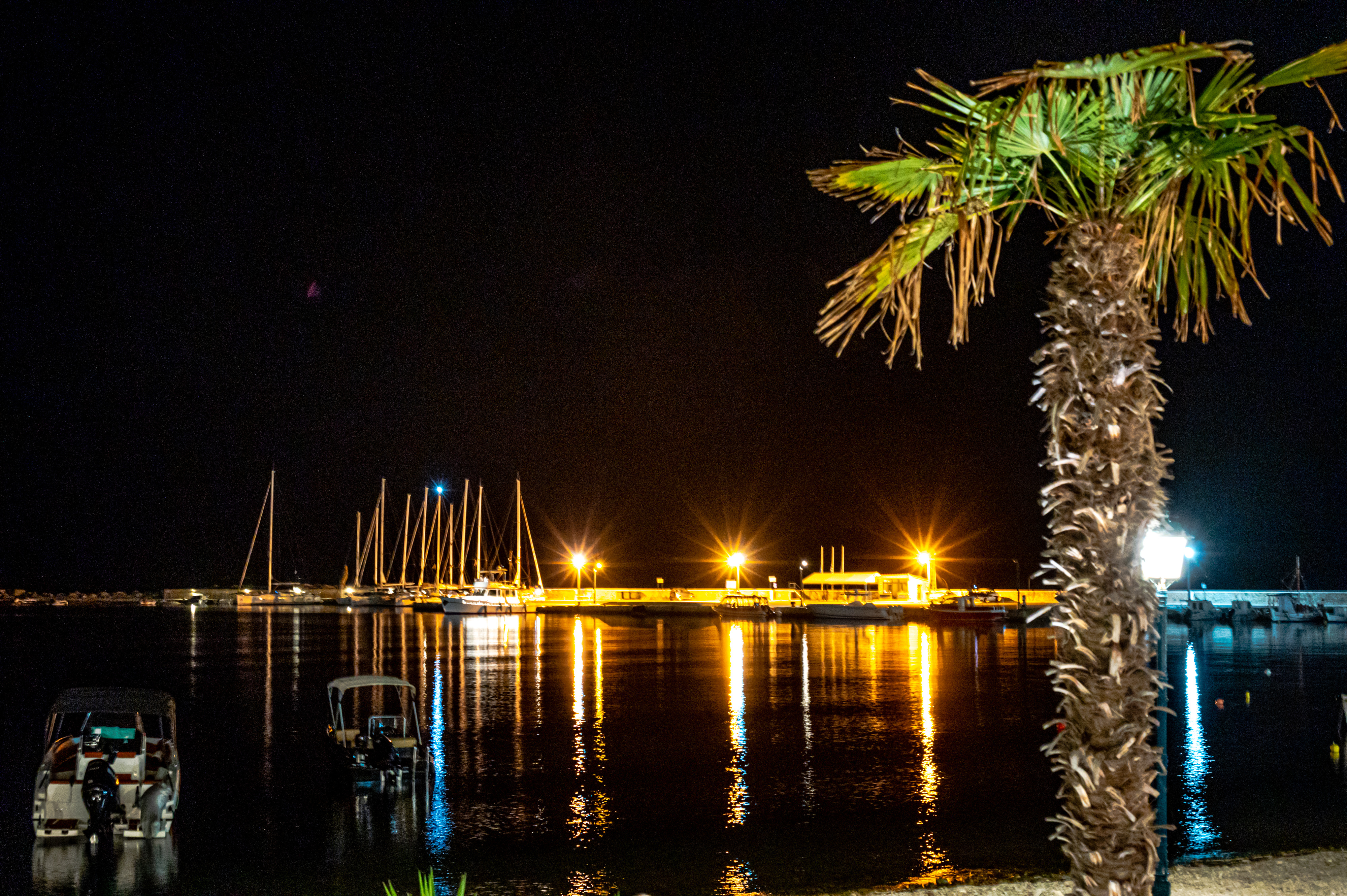 Natura Luxury Boutique Hotel seafront at night with the lights of the port in the distance and a palm tree in the foreground
