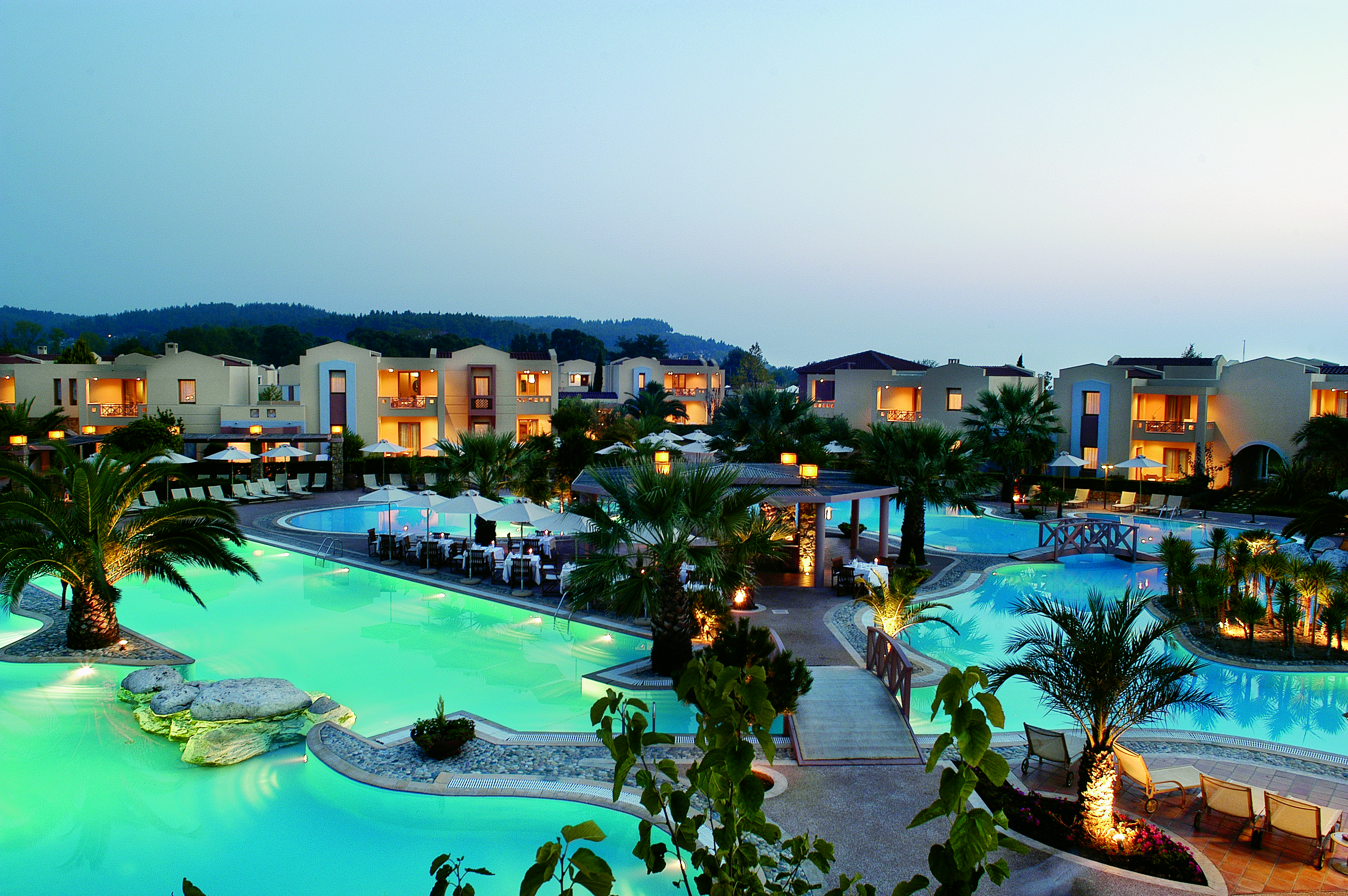 Porto Sani Greece exterior aerial view of hotel with several large outdoor pools