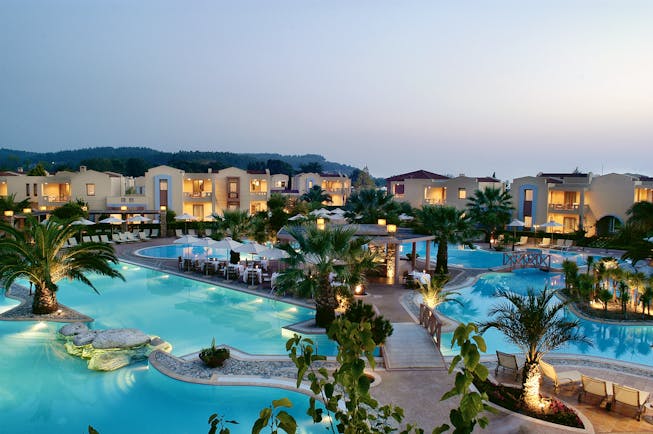 Porto Sani Greece exterior aerial view of hotel with several large outdoor pools