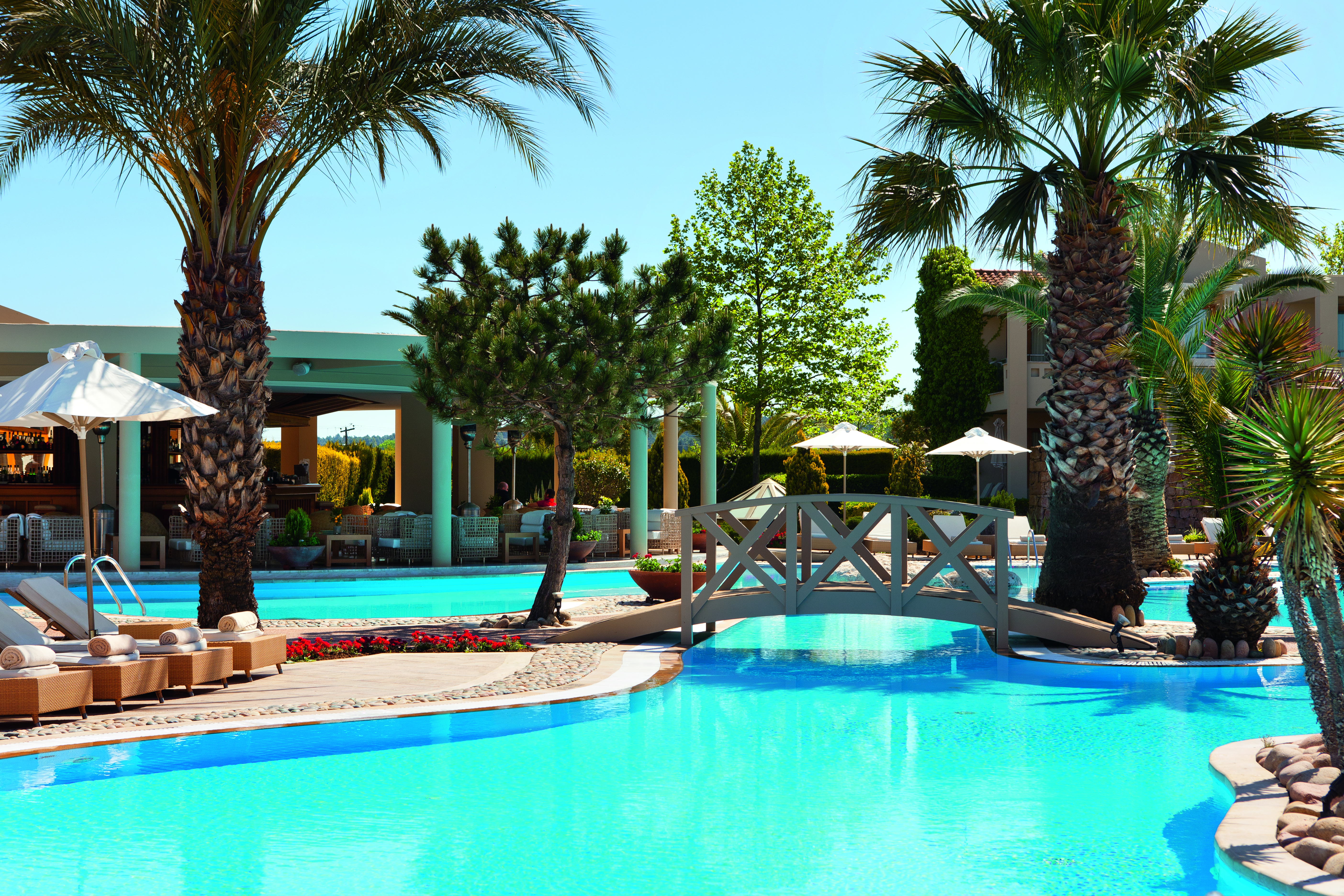 Porto Sani Greece outdoor pool with bridge and palm trees