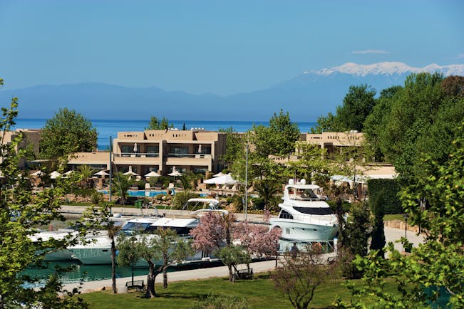 Sani Asterias Greece hotel exterior with yachts in the bay