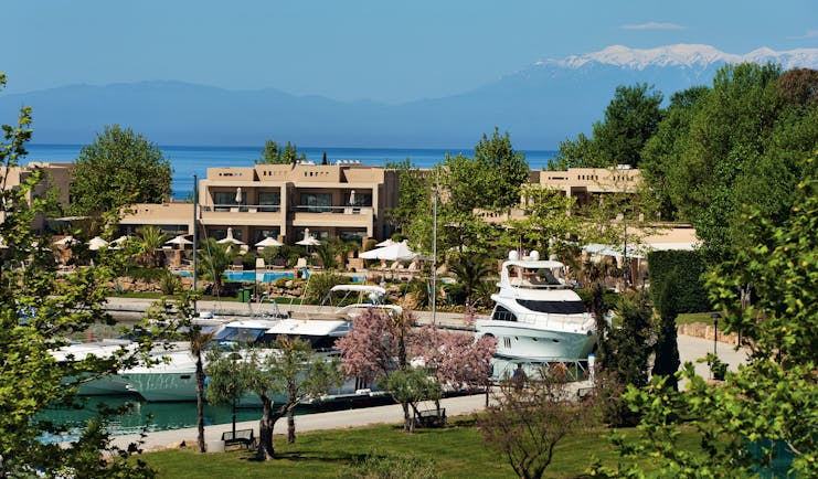 Sani Asterias Greece hotel exterior with yachts in the bay