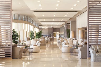 View of the Sani Beach lobby, comprising a big room with a cream and lilac colour scheme and arm chairs 