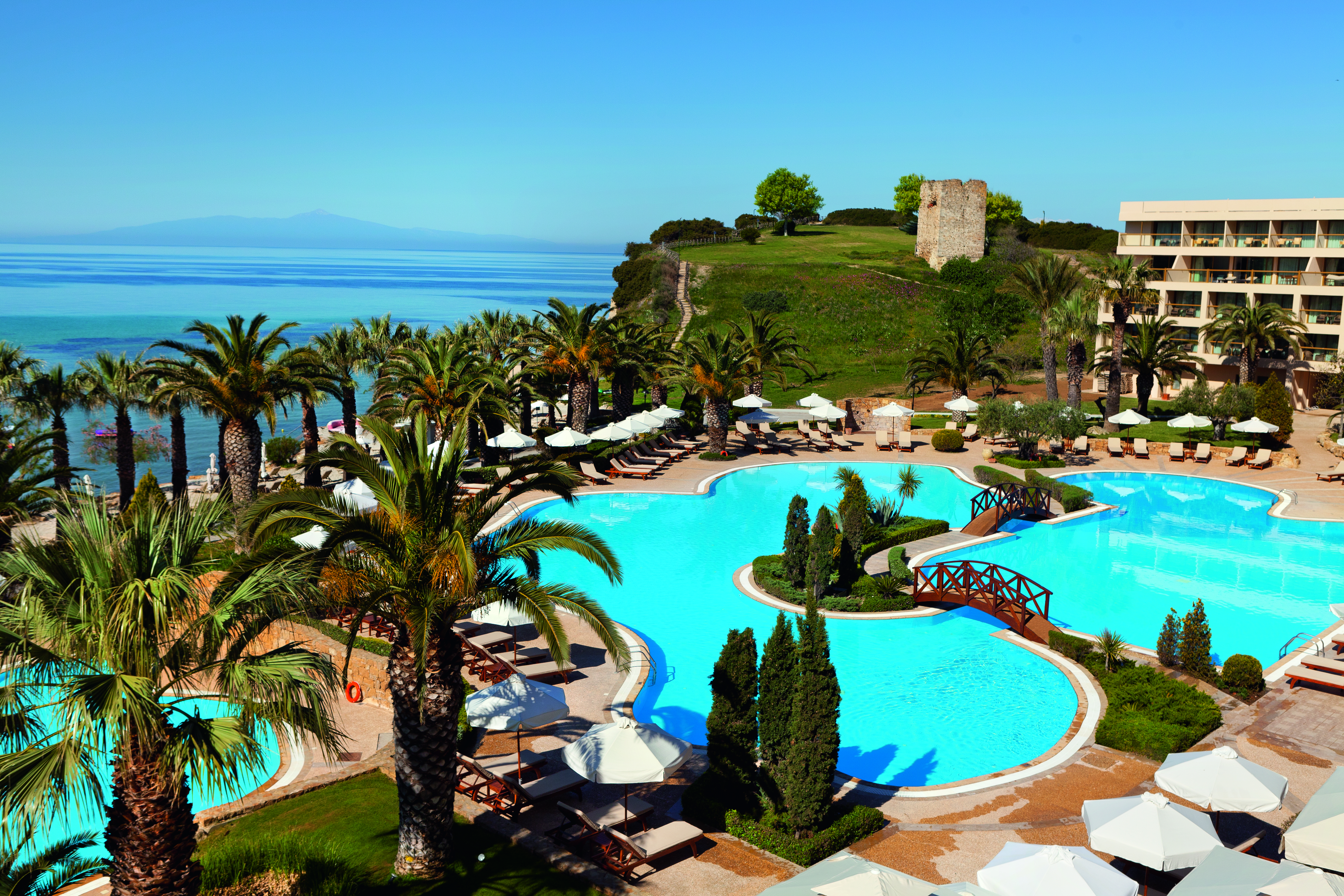 Overview of the main pool at the Sani Beach with palm trees surrounding the blue pool
