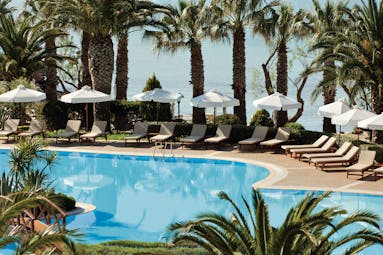 View of the pool at the Sani Beach with palm trees, umbrellas and deckchairs around the pool
