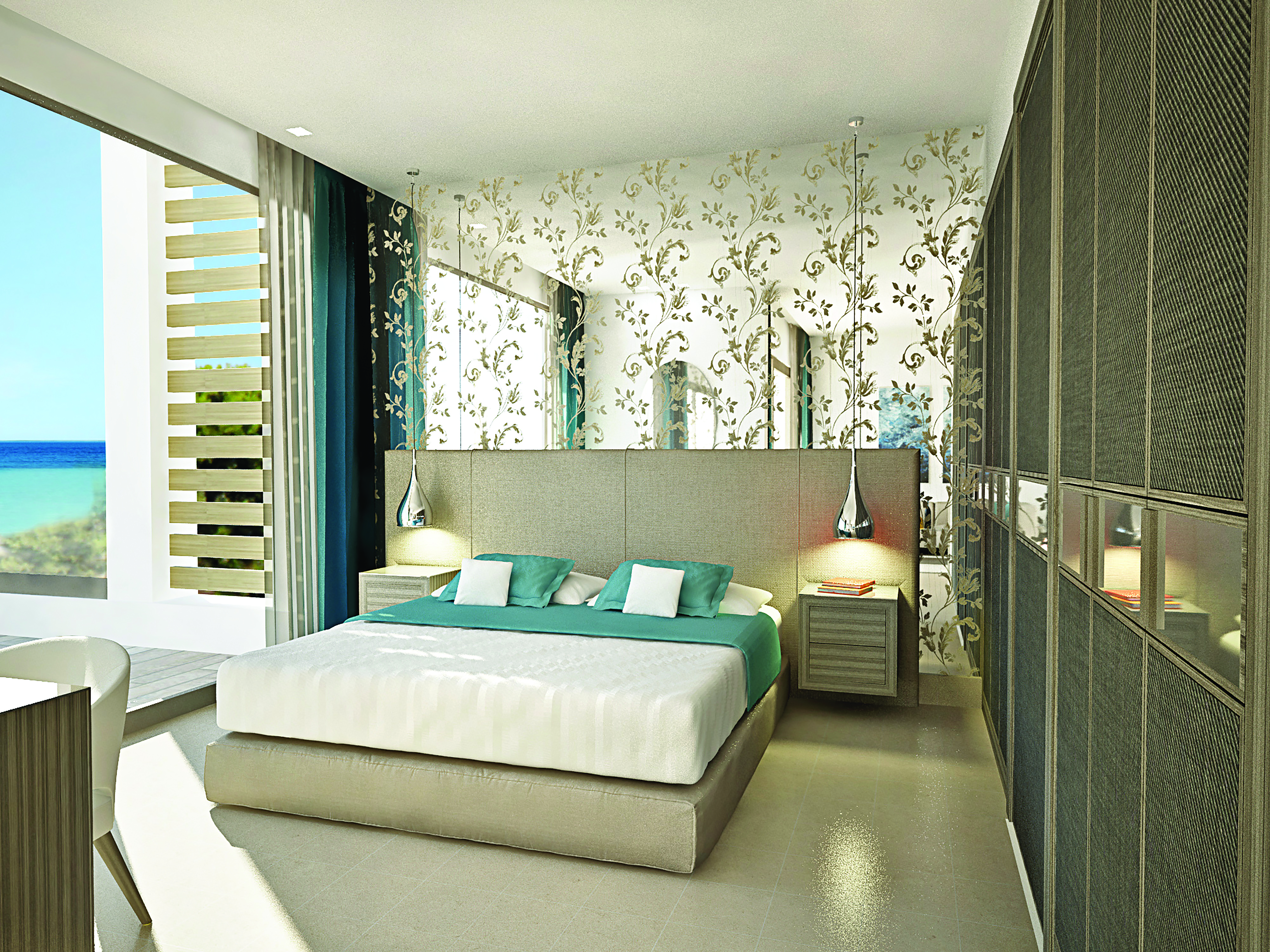 Sani Dunes Greece junior suite beach front bedroom with patterned mirror and terrace
