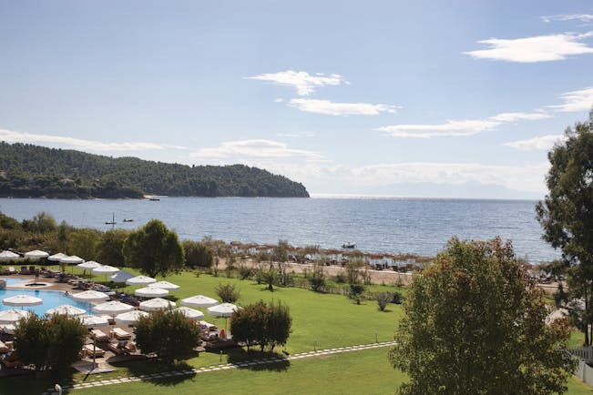 Exterior of the Skiathos Princess Hotel looking over the beach and pool 
