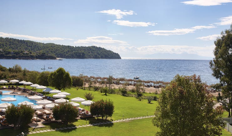 Exterior of the Skiathos Princess Hotel looking over the beach and pool 