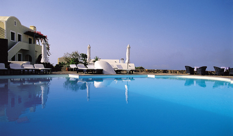 Vedema Resort Greece pool outdoor pool sun loungers seating area hotel view