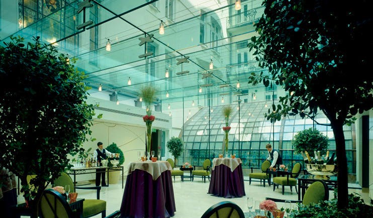 Four Seasons Gresham Palace Hungary conservatory dining area indoor trees